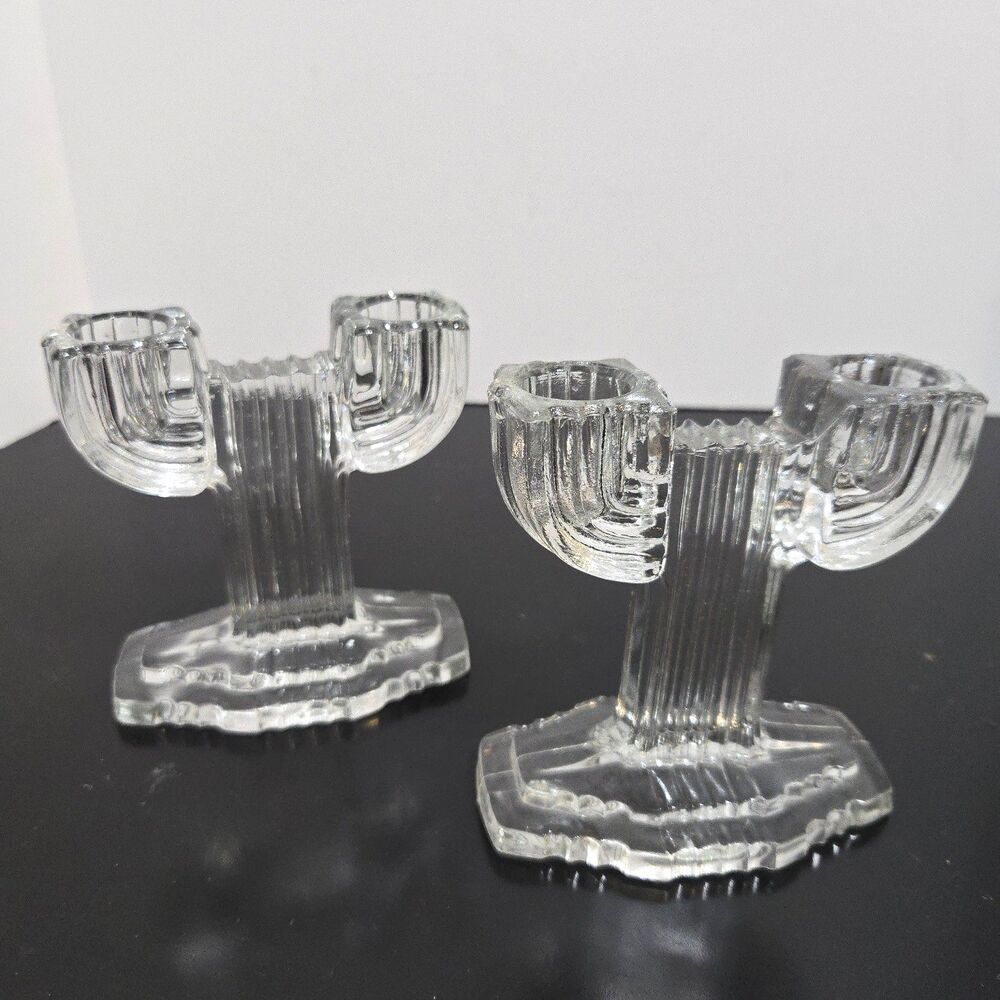 Set 2 Vintage Anchor Hocking Queen Mary Dual Candlesticks 1940’s Art Deco 4.5"